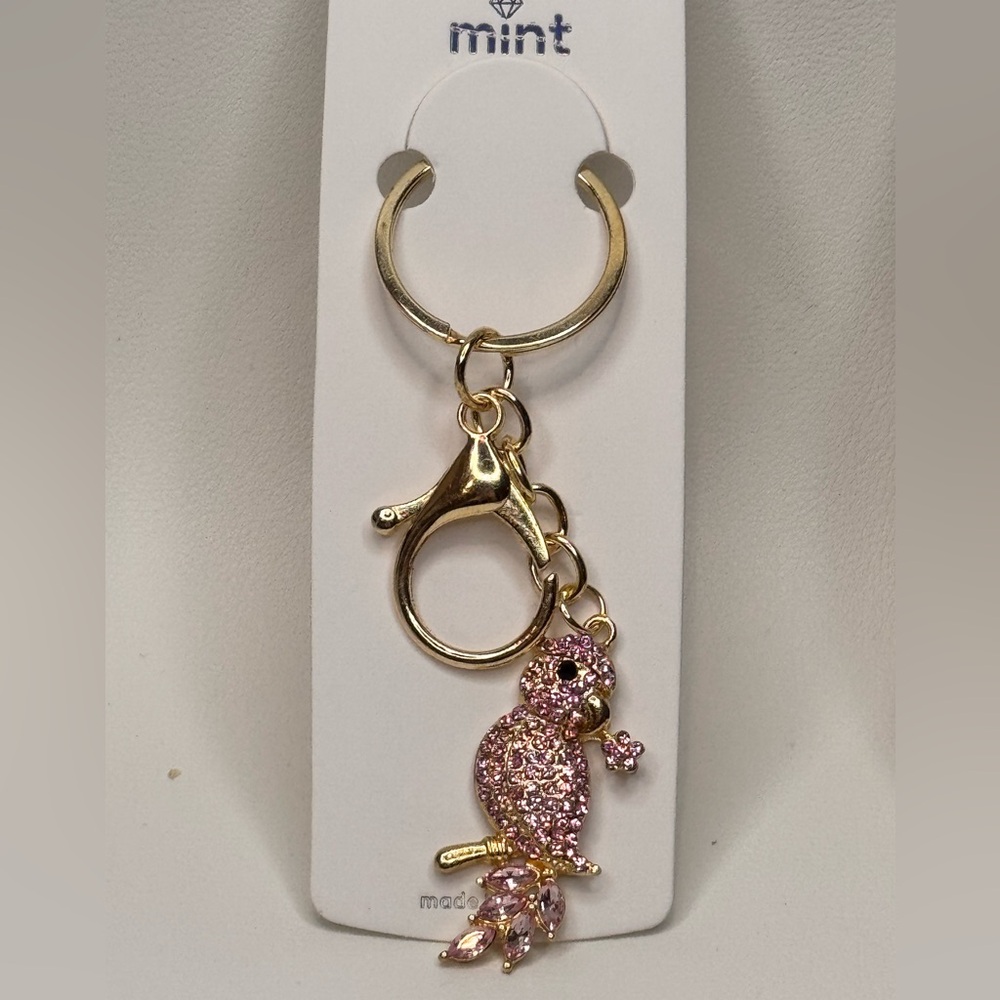 BAG CHARM Charming Gold and Pink Parrot Keychain
